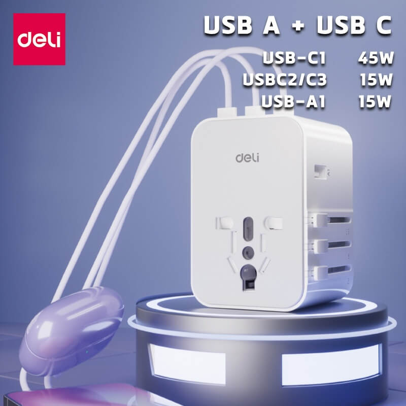 หัวแปลงปลั๊กไฟ DELI ET767-WH-01 สีดำ 2A3C-45W